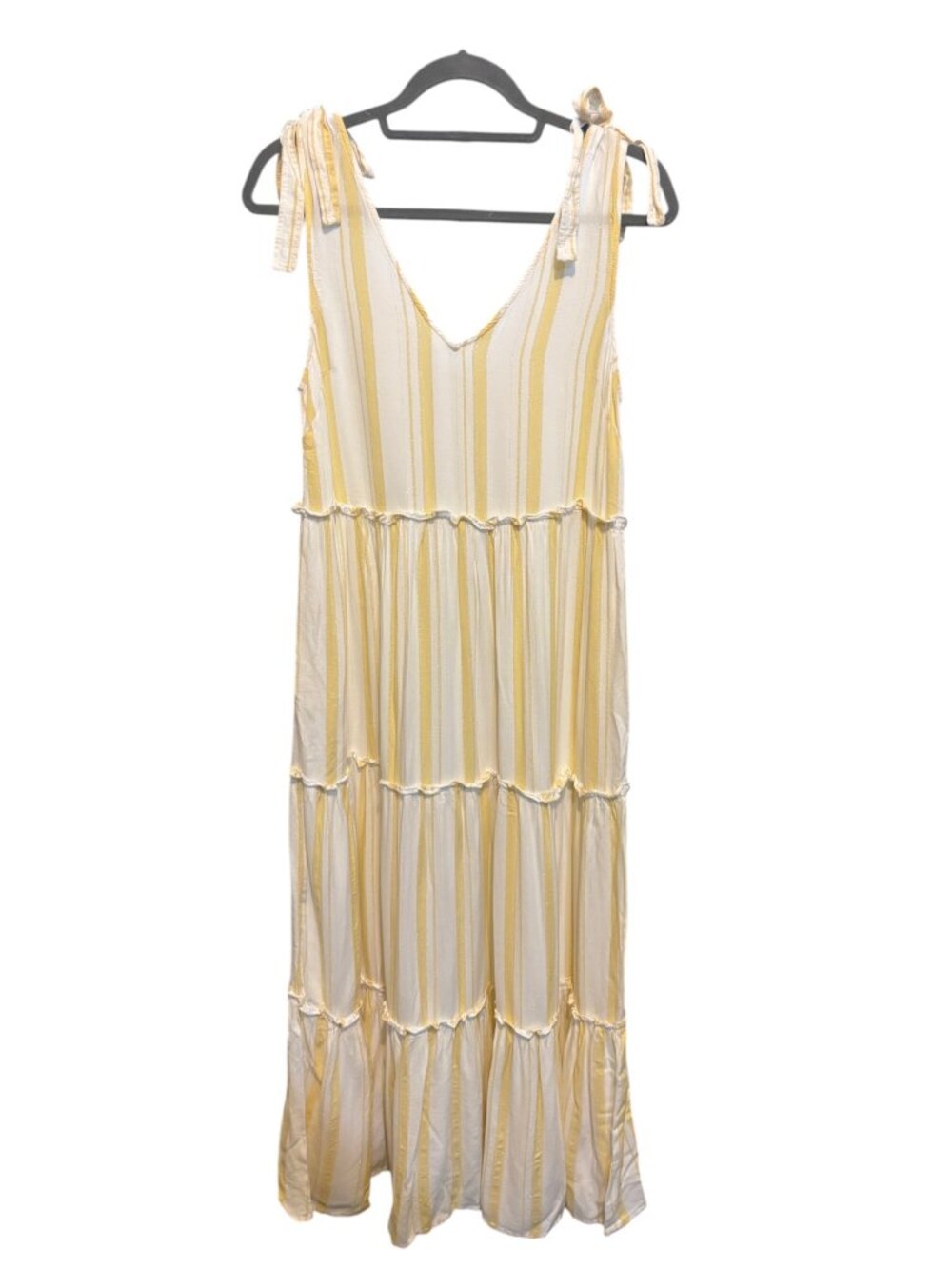 Label of Love Yellow White Stripe Tie Shoulder Tiered Maxi Dress